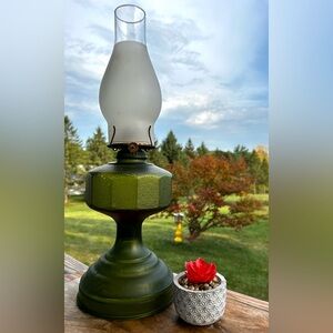 Vintage P & A Risdon Green Glass Oil Lamp Base With Burner And Chimney